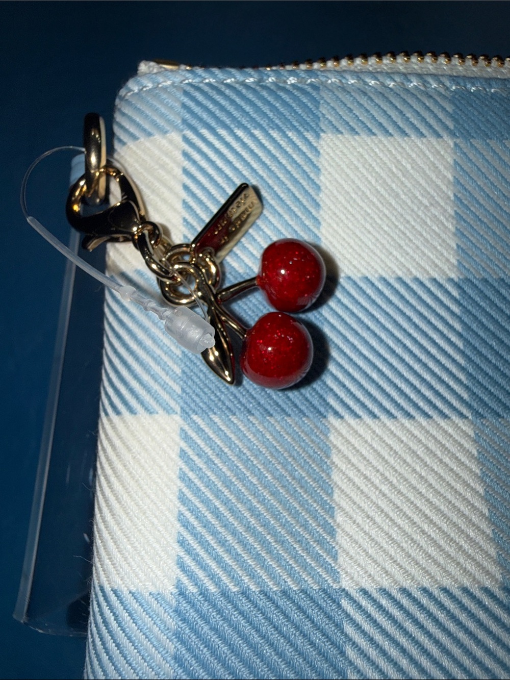 Coach Blue and White Gingham Wristlet with Cherry Charm - Picture 7 of 8